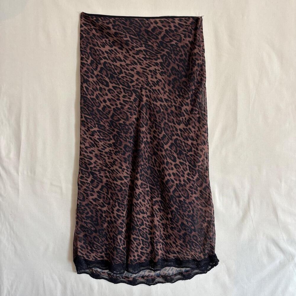 Bella Venice Leopard Chiffon Lace Midi Slip Skirt Brown Y2K 90s - Size S